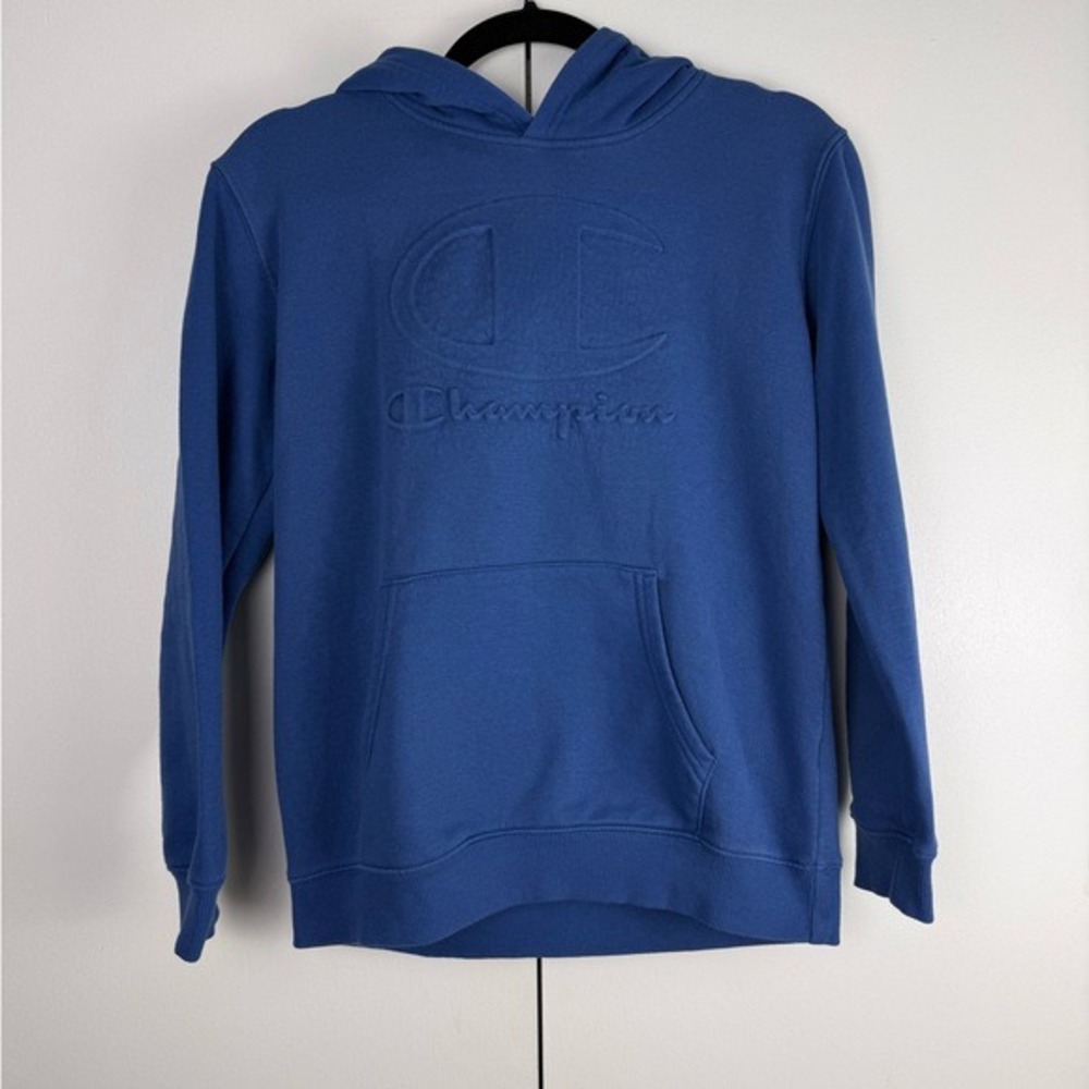Champion Kids Blue Embossed Logo‎ Fleece Hoodie Sweatshirt L 14/16 RN168121